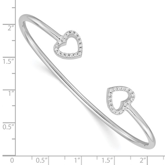 925 Sterling Silver Rhodium-plated CZ Heart Cuff Bangle Bracelet